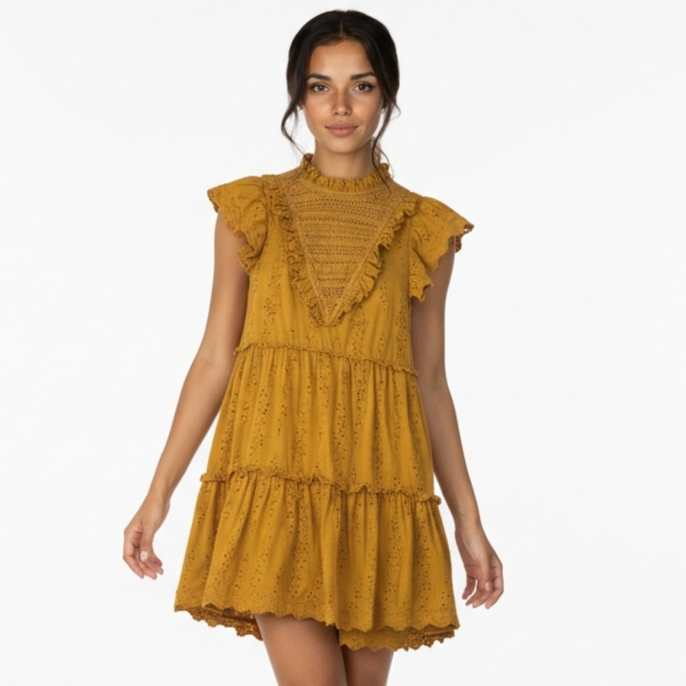 Sea Ny York Yellow Eyelet Lace Tiered Mini Dress S     (BX30)